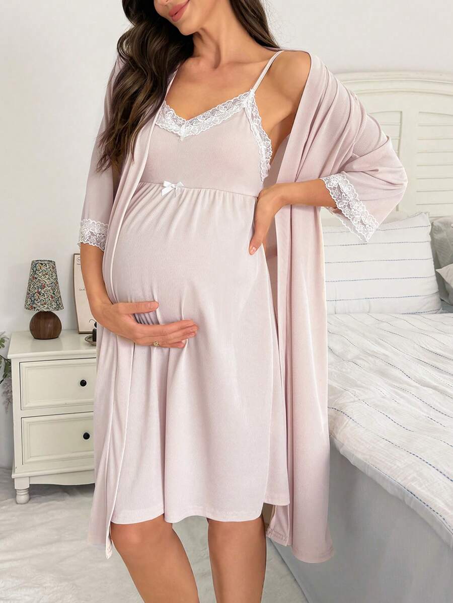 Moonlight&Mama BloomMama Basic Casual Fashion Light Blue Ribbed Fabric White Lace Trim Camisole Nightgown & Robe Maternity Set - Apricot - View 1