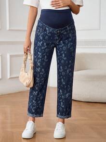 SHEIN Maternity Jacquard Denim Straight Leg Pants - Medium Wash - View 6