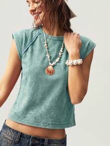 Bohemela Solid Color Knit Crew Neck Fitted Washed T-Shirt For Women - Teal Blue - View 7
