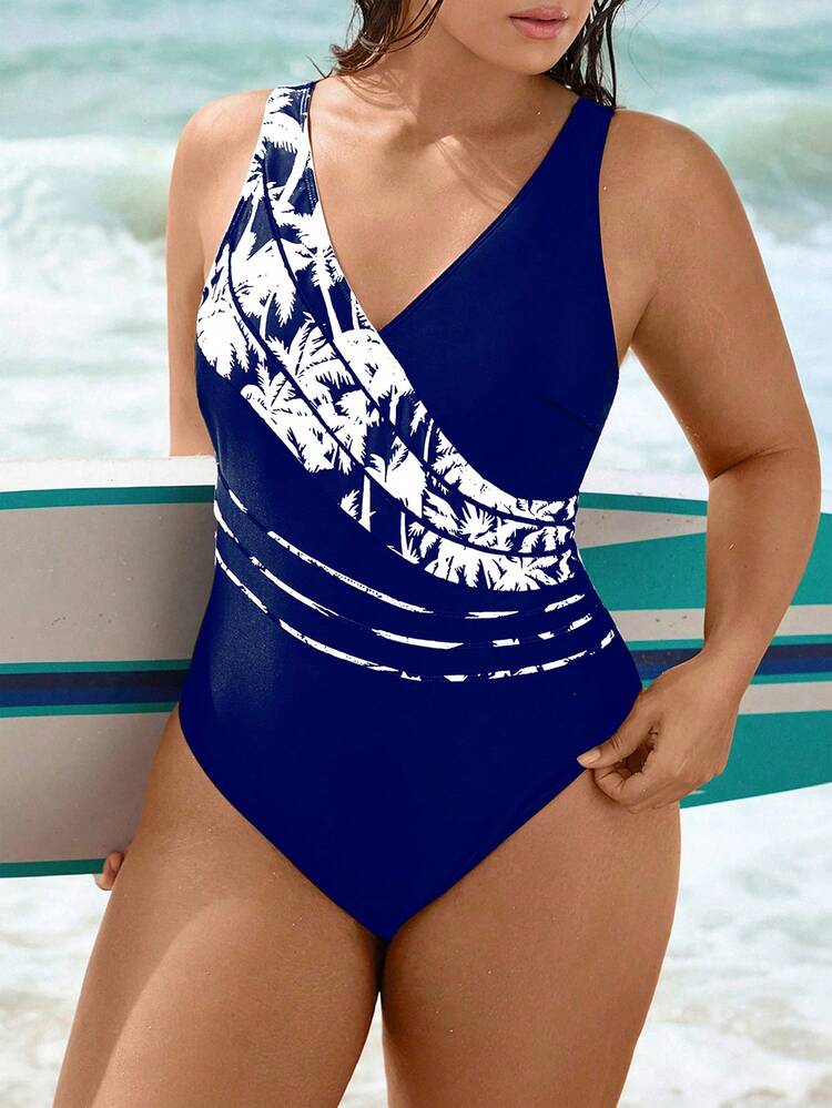 Swim SPRTY プラスサイズ女性用プリントワンピース水着 太めストラップ