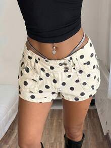 StreetHx Black White Polka Dot Stretch Denim Mini Shorts Vacation Summer Street Wear 90s Inspired Y2k Night - Beige - View 3