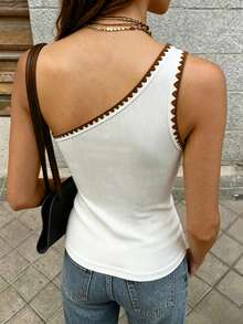 Cévolie Women's One-Shoulder Contrast Trim Pleated Fitted Versatile Daily Vacation Outing Top White And Brown Summer Boho - White - View 4