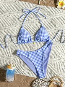 Swim Mod 女款夏季海灘條紋掛脖綁帶性感時尚比基尼兩件式泳衣套裝 - 藍色 - 查看 4