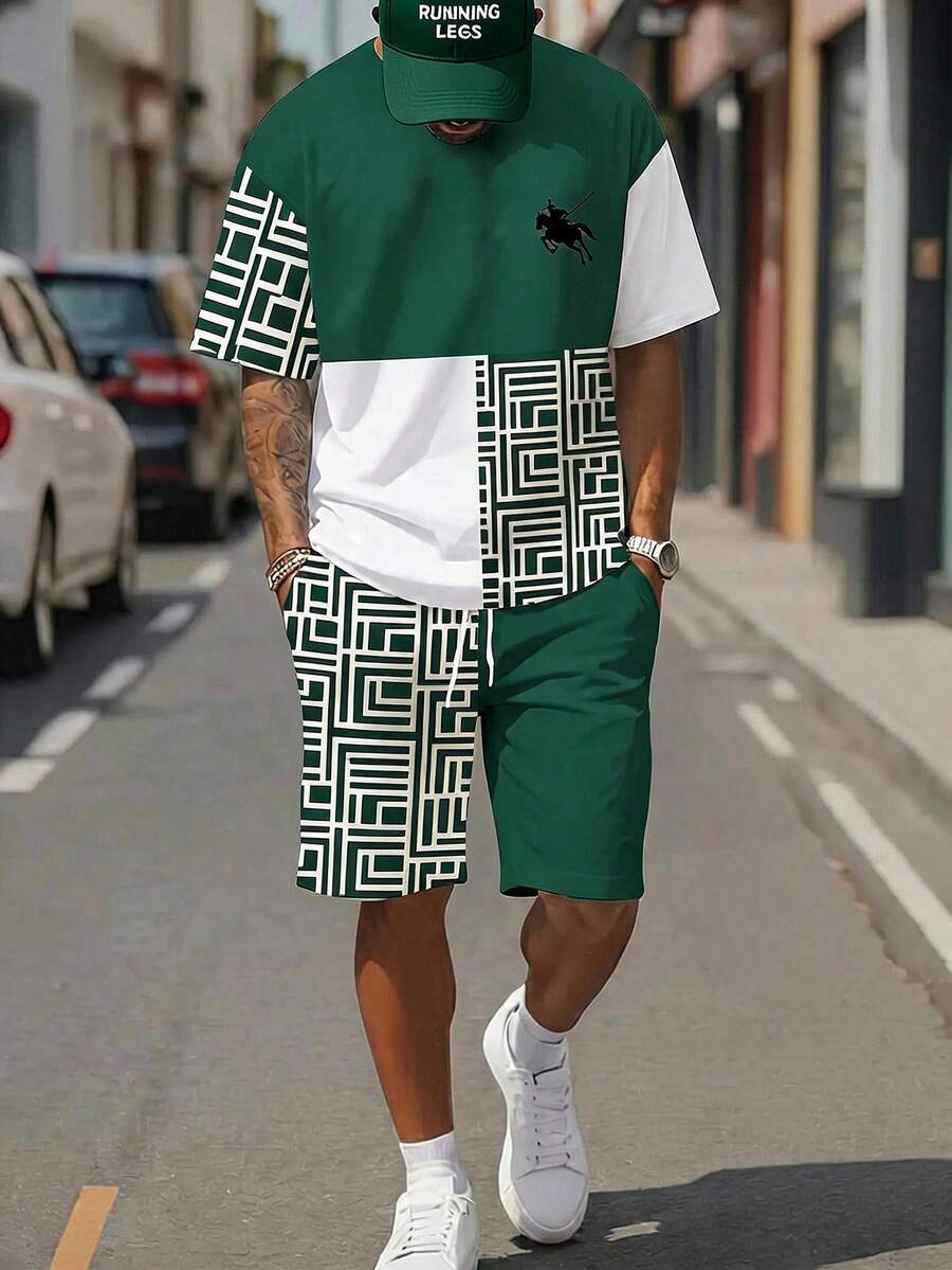 Sorvial Men's Colorblock Patchwork Geometric Print T-Shirt And Shorts Set, Holiday - Green - View 1
