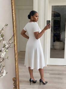SHEIN Lady CURVE Plus Size Summer Elegant Solid Color Lace Patchwork Dress Party Wedding Guest All White - White - View 2