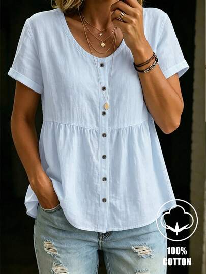 Balvessa Pure Cotton A-Line Doll Blouse Button-Down Casual Vacation Short Sleeve Women's Shirt
