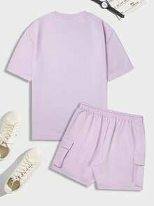 Manfinity Homme Men's Plus Size Solid Color Crew Neck Short Sleeve T-Shirt And Cargo Shorts Casual Set - Mauve Purple - View 4