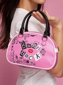 Mean Girls | SHEIN 1 Piece Cartoon Pattern Printed Pu Leather Sports And Leisure Style Handbag With Adjustable Long Shoulder Strap, Suitable For Women And Students, Suitable For Commuting, Shopping, Travel, Burning Books - powder - View 3