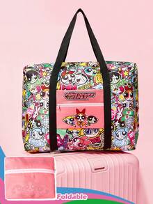 THE POWERPUFF GIRLS X SHEIN 1個可愛卡通角色圖案可收納旅行袋、海灘袋，適合通勤、運動、休閒、出遊，大容量，適合男士、女士和學生，可固定在普通行李箱推車上，友誼、泡泡、毛絨、花朵 - 彩色 - 查看 2
