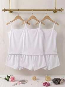 SHEIN Young Girls Random: 8 Pcs 6 Pcs Send Casual Minimalist Slim Fit Camisole Top & Shorts Set Suitable For Summer 6-Piece Set RANDOM 4 SETS Send 3 Set - White - View 11