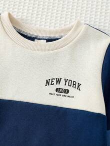 Cozy Pixies Unisex Loose Color Block Patchwork Blue Fleece Thick Pullover Pullover Sweatshirt, Suitable For Winter - Multicolor - View 4