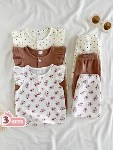 SHEIN Vintaside Kids 女嬰 6件/3套田園復古花卉與圓點圖案棕色圓領荷葉袖上衣搭配印花短褲套裝，適合日常穿著、外出、度假、春夏季 - 彩色 - 查看 1