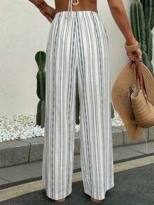 Livesso Women's Blue And White Stripe Colorblock Long Pants Swimwear Bottoms Suitable For Summer Vacation Beach Vacation Casual Jamican - Blue - View 2