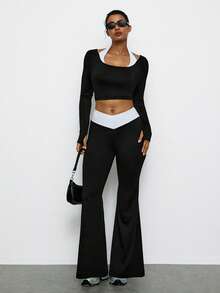 Levarali Women's Plus Size Halter Neck 2 In 1 Patchwork Long Sleeve Top And Flared Leggings Casual Daily Sports Set Gym Black And Gold White Autumn Fall - Black and White - View 7