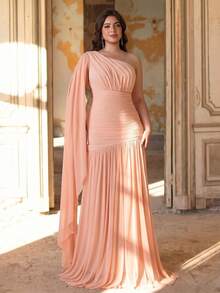 Aureia Plus Size Elegant Romantic Conservative One-Shoulder Pleated Ruched Waist A-Line Dress, Suitable For Evening Party, Single Party, Date, Ball, Vacation, Wedding, Bridesmaid - Orange - View 5