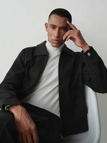 MENRIVO Men's Casual Solid Color Zip-Up Collar Long Sleeve Overcoat - Black - View 5