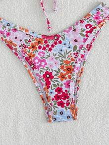 SHEIN Swim 田園清新風女款兩件式比基尼套裝，粉色與橘色碎花，細肩帶，鋼圈上衣配蝴蝶結前襟與後綁帶，高腰三角褲，適合夏季度假、海島、露營，小眾吸睛，溫柔青春，泳池、海灘、度假，鮮豔亮眼，適合拍照 - 彩色 - 查看 8