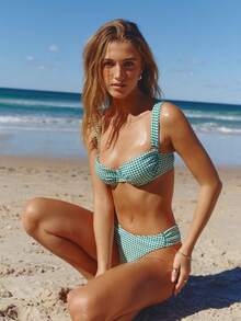 Aralina Set da bagno da donna estivo da resort 2 pezzi con stampa a pois e griglia, slip bikini a vita alta imbottito con arricciature morbide, stile da vacanza al mare e piscina - Verde - Visualizzare 6