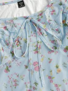 SHEIN MOD Plus Women's Allover Floral Print Ruffle Armhole Knot Front Dress - Blue - View 4