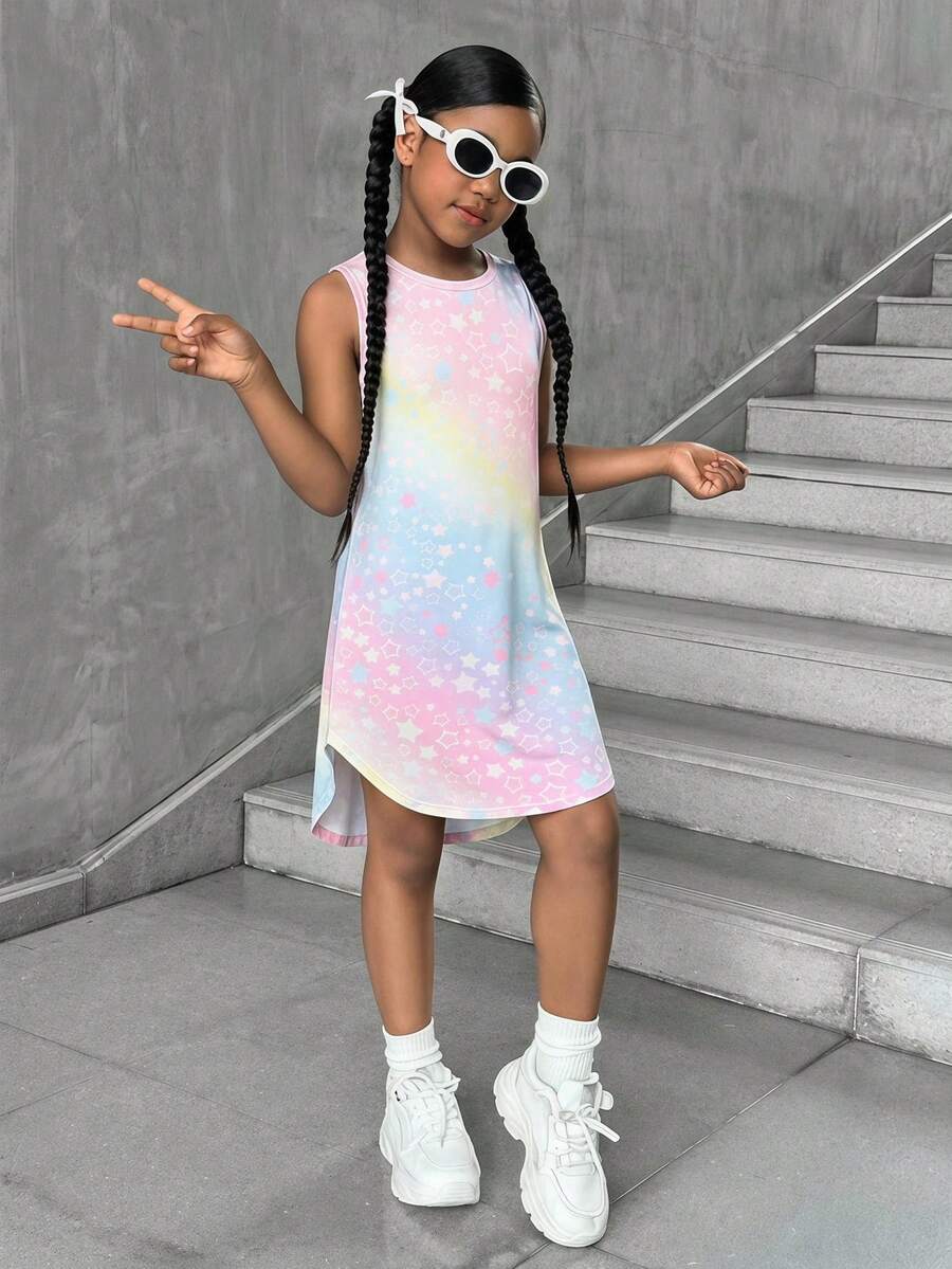 Tween Girl Casual Street Style Cool Fashion Tie-Dye Print Crew Neck High-Low Tank Dress - Multicolor - View 1