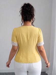Elenzga Plus Size Contrast Color V-Neck Raglan Short Sleeve Lace Patchwork Front Button Shirt, Summer - Yellow - View 2