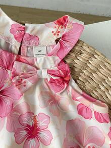 SHEIN Playful Pals 女童度假花卉海灘夏季時尚細肩帶上衣與提花純色短褲 2件組 - 粉色 - 查看 7