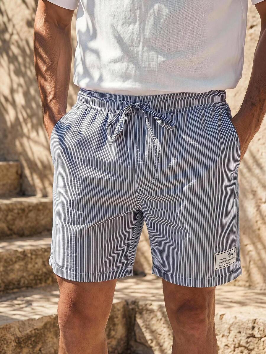 Manfinity VCAY Men's Casual Woven Vertical Striped Mid-Waist Drawstring Straight Shorts - Multicolor - View 1