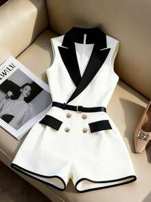 Franclia French Luxury Black & White Contrast Sleeveless Jumpsuit | Elegant Choice For Polished Commute And Refined Dates - Black and White - View 1