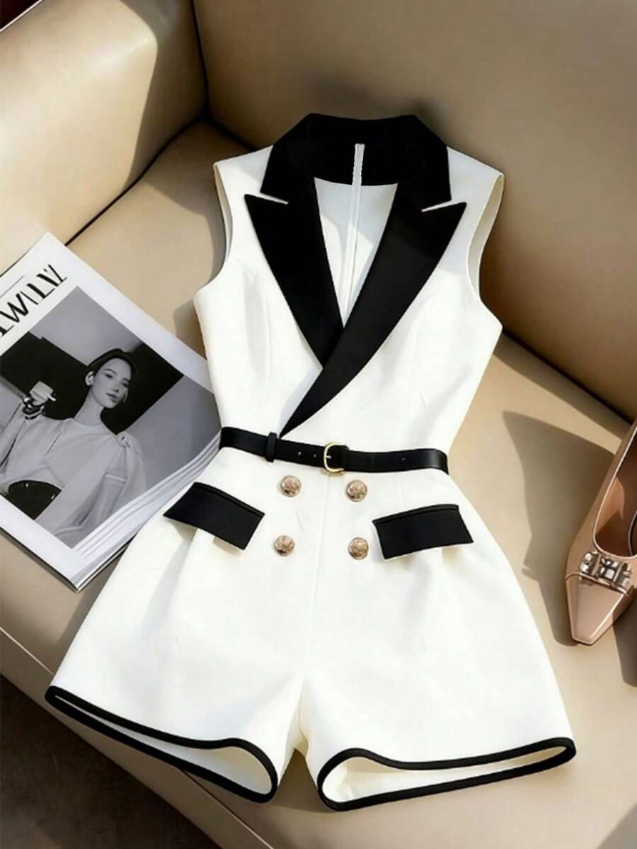 Franclia French Luxury Black & White Contrast Sleeveless Jumpsuit | Elegant Choice For Polished Commute And Refined Dates - Black and White - View 1
