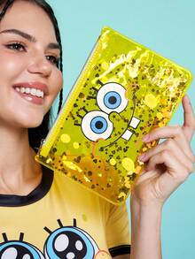 SpongeBob SquarePants | SHEIN 1個卡通角色印花亮片裝飾輕量PVC化妝包，適合存放化妝品、文具、日常用品、數位產品，完美適用於通勤、上學、旅行，適合所有年齡層，學生友善，海綿 - 無色 - 查看 3