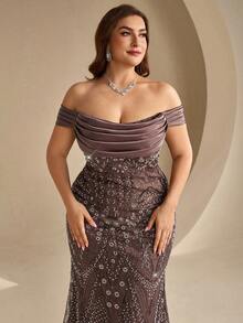 Coutiva Plus Size Sequin Long Formal Evening Gown (Heavy Embellishment Style) - Brown - View 6