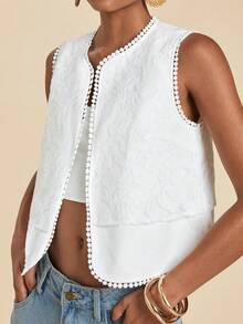 Travachic Women's Contrast Lace Open Front Fashion Thin Vest Jacket - White - View 4