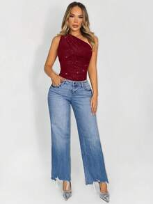 Sirith Solid Color Draped Asymmetric Collar Elegant Sleeveless Bodysuit - Burgundy - View 5