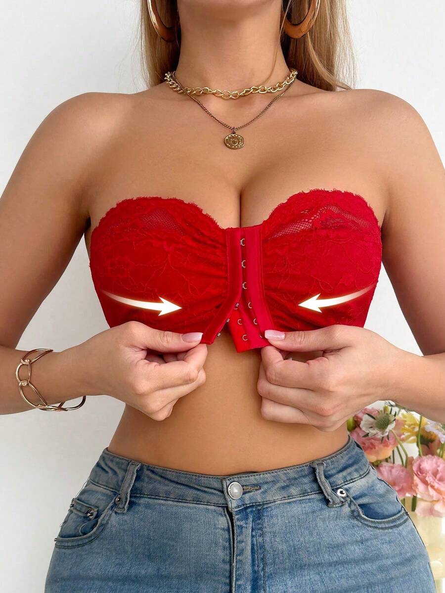 SHEIN 1件婚禮蕾絲無鋼圈前扣式無肩帶胸罩 - 紅色 - 查看 1