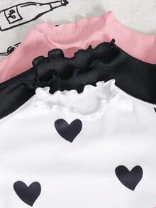 SHEIN LMoss Kids 少女秋冬休閒百搭假領泡泡長袖愛心印花修身T恤3件組 - 粉色 - 查看 3