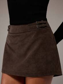 SHEIN BAE Women's Dark Brown Fashion Sexy 1960s Vintage Party Bar PU Leather Belt Buckle Ultra Low Waist Mini Skort, Nightclub Leggings, Suede Skirt, Autumn - Brown - View 7
