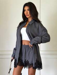Siren Gaze Ensemble 2 pièces décontracté pour femme avec top à manches longues à rayures simple boutonnage et short avec bordure en dentelle pour le quotidien - Multicolore - Voir 9
