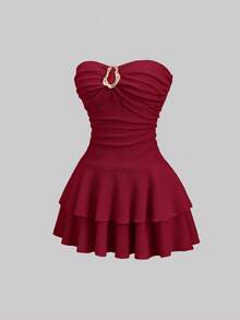 Sweetra Women's Elegant Strapless Double Layer Tiered Mini Dress - Red - View 6