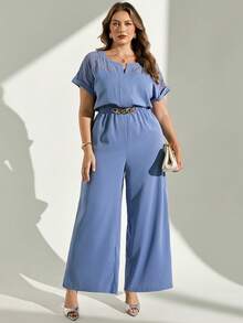 Chikora Plus Size Summer Casual Elegant Solid Color Short Sleeve Jumpsuit Brunch Bussines Evening Office Dusty Blue - Blue - View 4