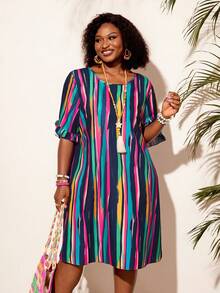 EMERY ROSE Plus Size Women's Round Neck Striped Colorblock Casual Everyday Dress - Multicolor - View 2