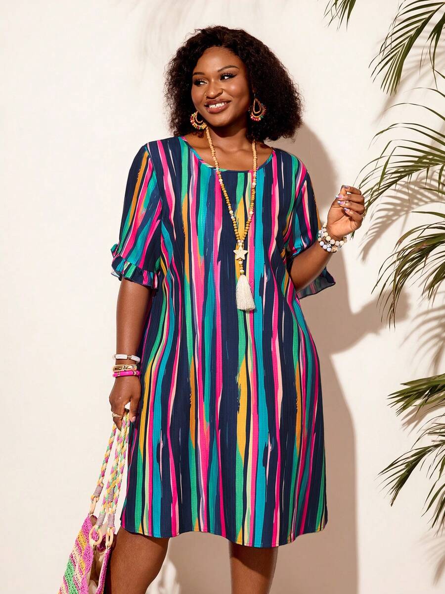 EMERY ROSE Plus Size Women's Round Neck Striped Colorblock Casual Everyday Dress
