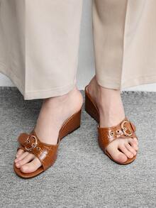CUCCOO BIZCHIC 女款楔形涼鞋，休閒露趾厚底夏季鞋，舒適扣環帶設計，草編底波希米亞風度假鞋 - 棕色 - 查看 2