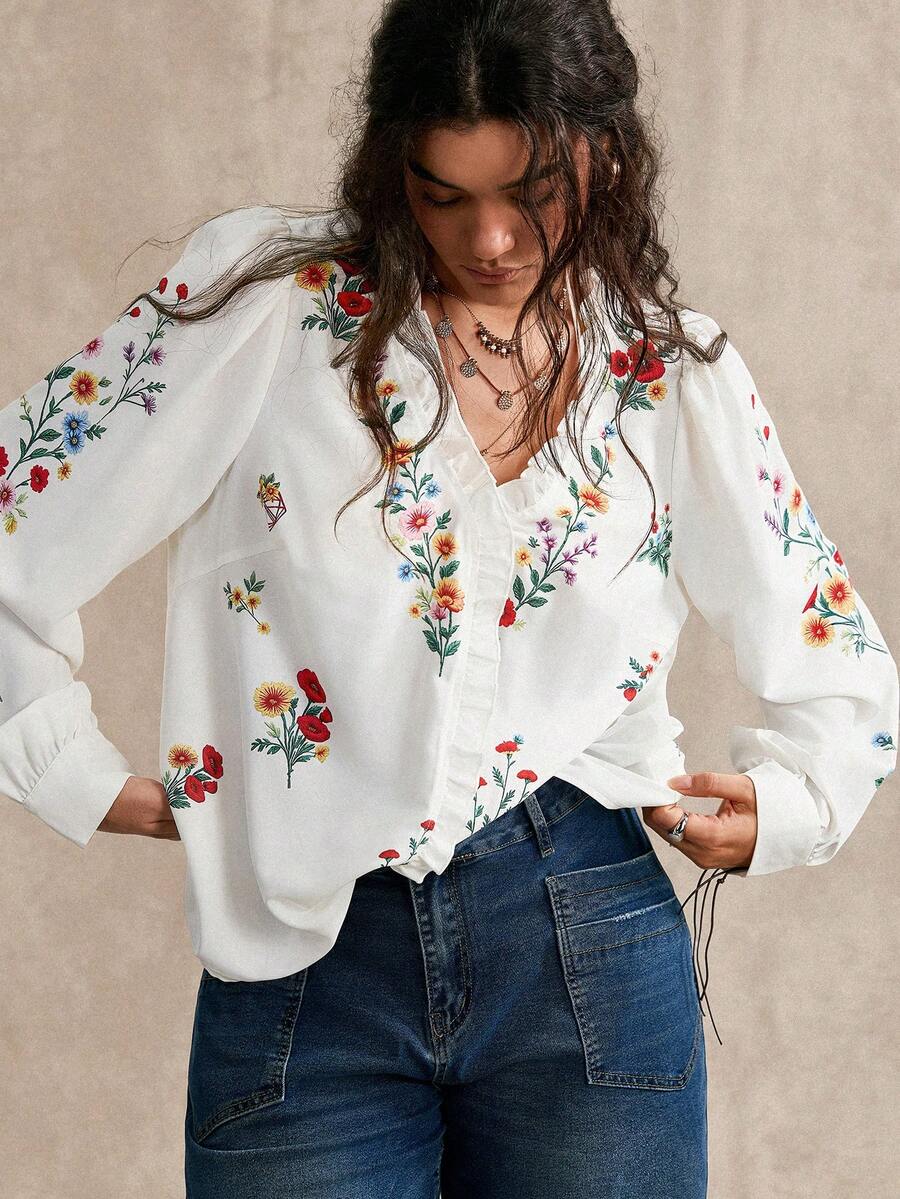 Nubod Plus Size Floral Print Ruffle Trim Fashion Long Sleeve Shirt Fall - White - View 1