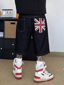STEELVANCE 男士夏季印花牛仔短褲，美式街頭風寬鬆寬腿短褲 - 深色水洗藍 - 查看 4