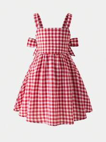 SHEIN 女童無袖紅色格紋A字連身裙，背後綁帶蝴蝶結設計，女童套裝，夏季野餐穿搭，度假度假夏日洋裝，陽光裙，沙灘裙，紅色洋裝，畢業禮服 - 紅色 - 查看 5
