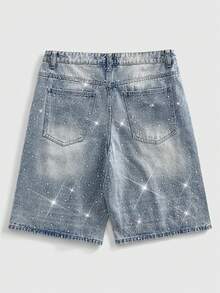 ROMWE MEN Street Life Celana Pendek Denim Longgar Pria dengan Hiasan Mutiara dan Berlian - Baby Blue - View 3