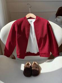 SHEIN Young Boys Corduroy Fleece Lined Zipper Baseball Jacket Padded Coat, Super Affordable, Suitable For Commuting, School, Daily Casual, College Style, Travel, Sports, Autumn/Winter - Burgundy - View 3