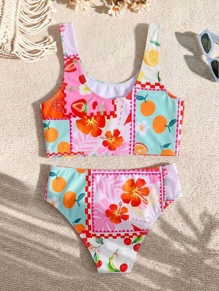 SHEIN Tween Girl Cute Fruit Print Bikini Set, White Summer Flowy 2pcs Swimwear For Tween Girl Holiday Pool Party, Vintage Floral Patchwork Beach Outfit Bathing Suit - Multicolor - View 2
