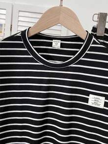 SHEIN 2件組青少年女孩時尚條紋套裝，短袖圓領寬鬆T恤搭配條紋針織寬腿長褲，適合派對、度假、校園、日常休閒穿著，春/夏/秋季 - 黑色 - 查看 8