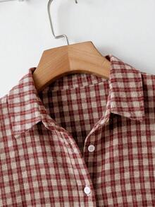 Comfylo Plus Size Women's Plaid Casual Versatile Daily Outing Shirt - Burgundy - View 6